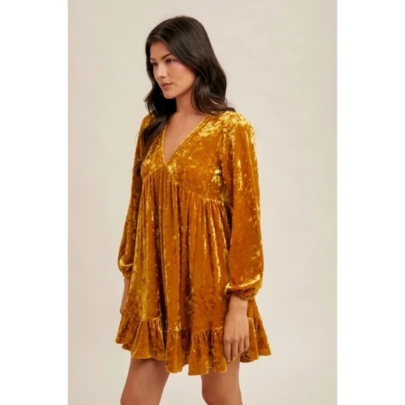 SOLD OUT Golden Curry Velvet V-Neck Babydoll Bubble Sleeve Holiday Cocktail - Picture 3 of 4